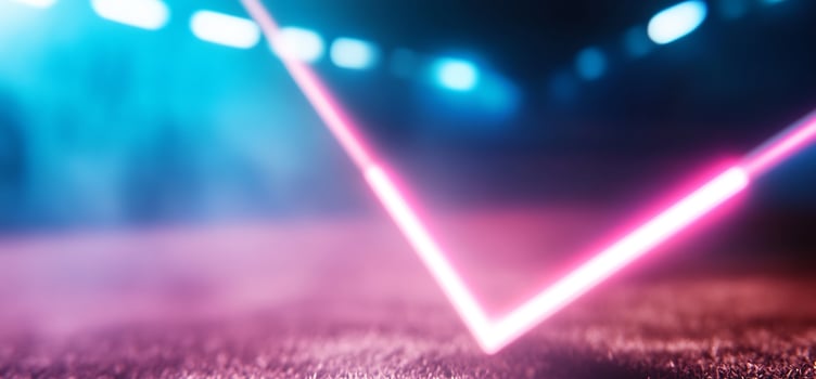 Pink blue neon lights cross, dark background. Concert event design photo