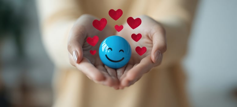The Blue Smiley Ball Held in Gentle Hands Surrounded by Floating Red Hearts photo