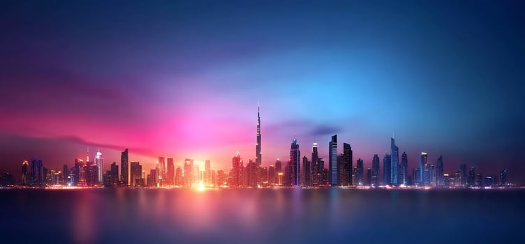 City skyline at sunset, waterfront, vibrant colors photo