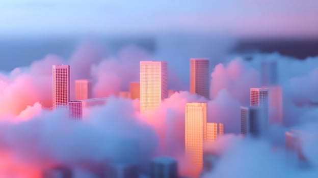 Cityscape above clouds, sunset glow, digital art, website banner photo