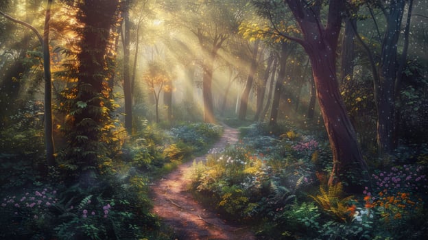 Sunlit forest path with lush greenery and blooming wildflowers photo