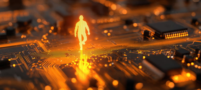 The Glowing Digital Figure Walking Across a Futuristic Circuit Board of Technology photo
