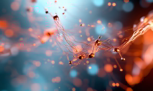 Abstract orange energy flow, glowing particles, bokeh background, science concept photo
