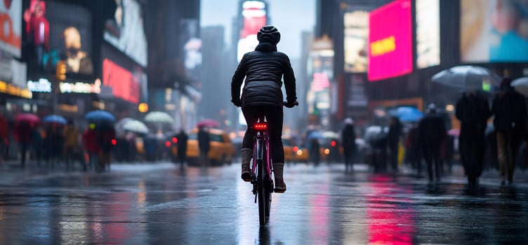 Cyclist in rainy city, blurred background, urban commute photo