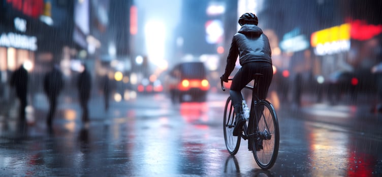 Cyclist rides city street at night, rain reflects lights. Stock photo