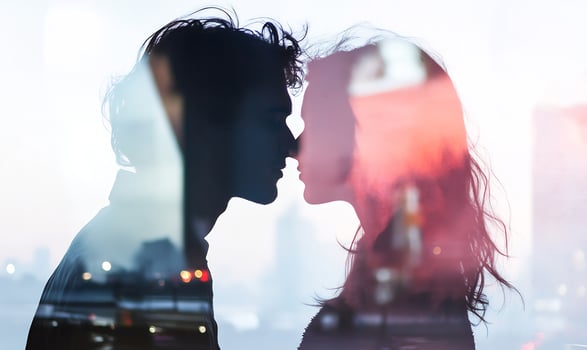 Couple kissing, city night, romance, double exposure, love photo