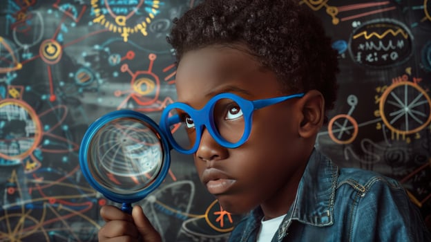 Child researcher examining science concepts with magnifying glass photo