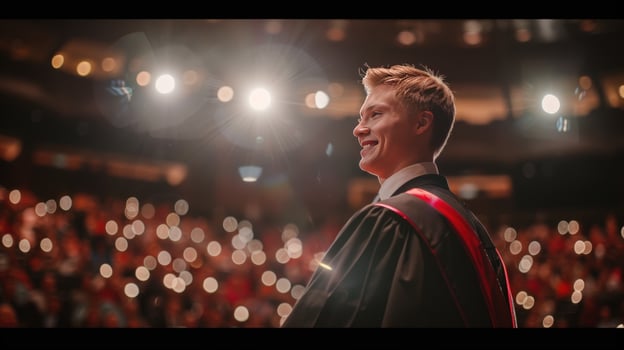 Graduation ceremony celebration young man achievement light bokeh photo
