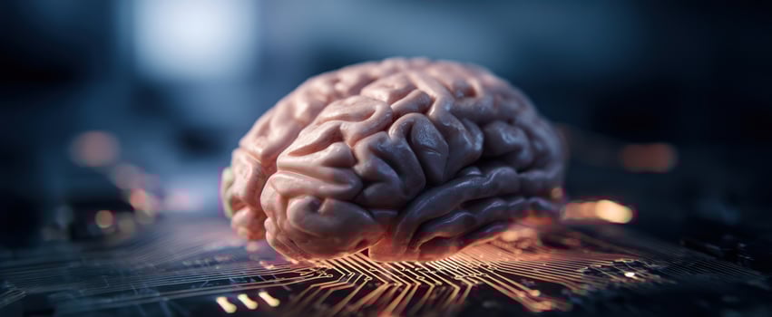 The Brain Sits on a Glowing Circuit Board Representing Artificial Intelligence and Technology photo