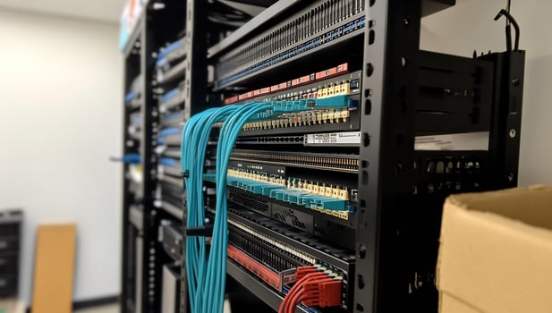 Office network rack cabling, data center setup photo