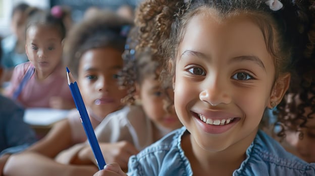 Student with pencil smile in classroom education photo