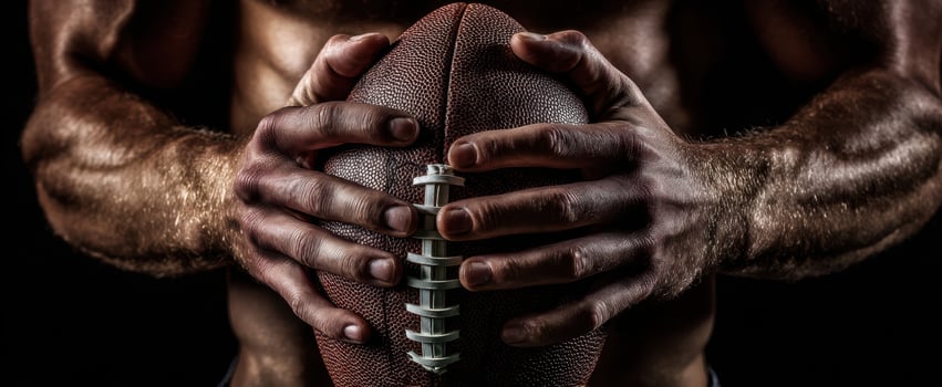 The football in muscular hands under dramatic lighting, sweat and intense focus photo