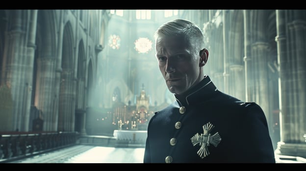 Man in uniform portrait inside grand cathedral interior photo
