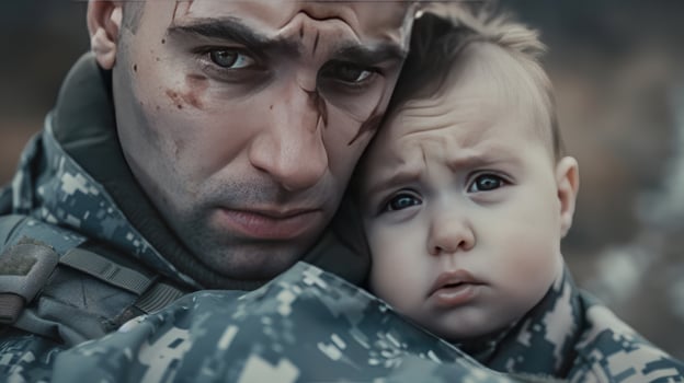 Soldier holding baby in camouflage protection and service photo