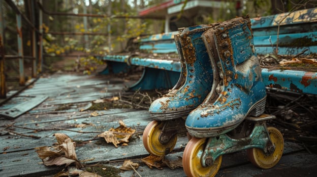 Worn vintage roller skate on weathered wood surface outdoors photo