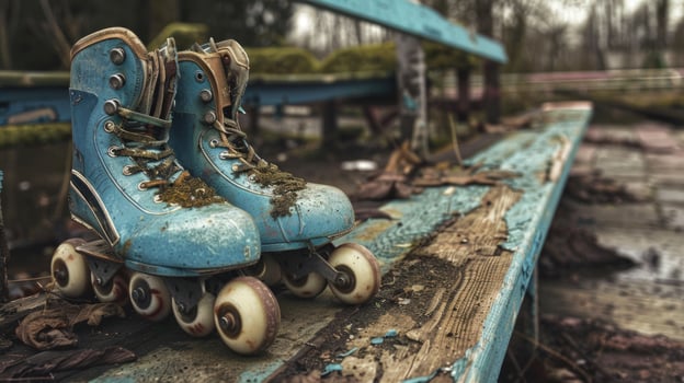 Worn vintage roller skates on weathered wooden bench nostalgic recreation concept photo
