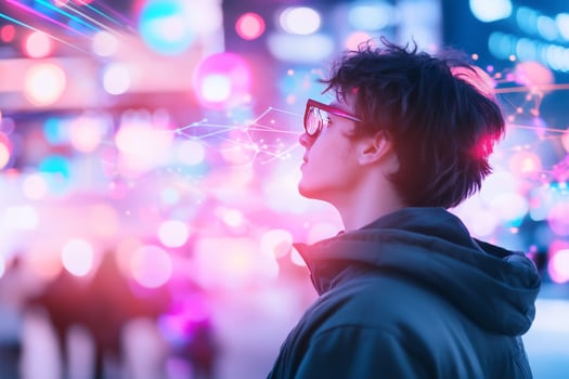 Youth, city night, future tech, data vision photo