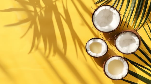 Fresh coconut halves and palm leaf shadows on bright yellow background photo