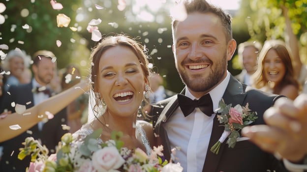 Happy couple celebrate wedding day surrounded by petals and family photo
