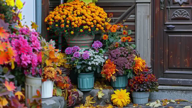 Autumn flowers potted near entrance door seasonal home decoration photo