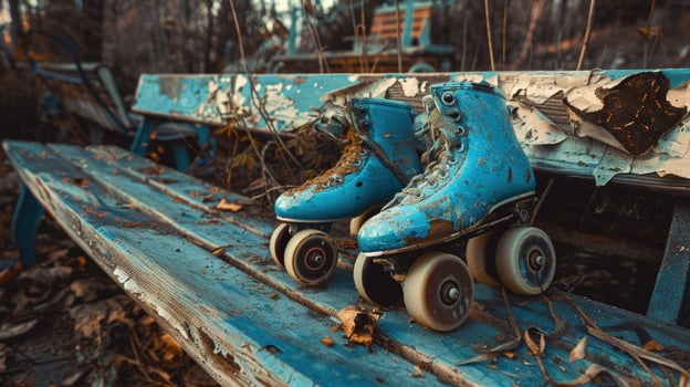 Distressed roller skates on weathered blue bench vintage recreation photo