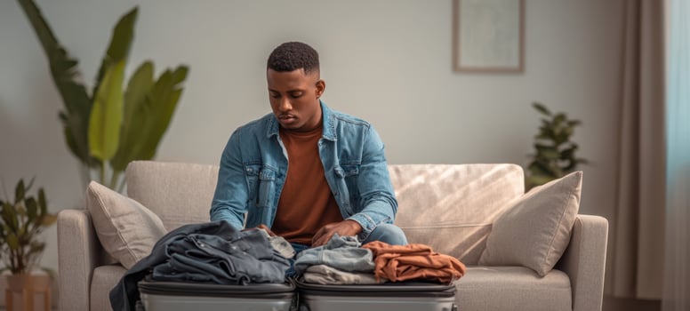 The Young Man Packing Clothes into an Open Suitcase on a Living Room Sofa photo