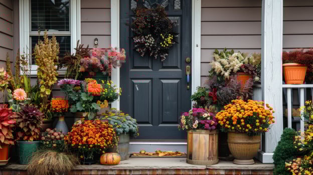 Autumn home entrance with colorful flowers and festive decorations photo