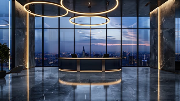Modern office reception with city view circular lighting and marble texture architecture photo