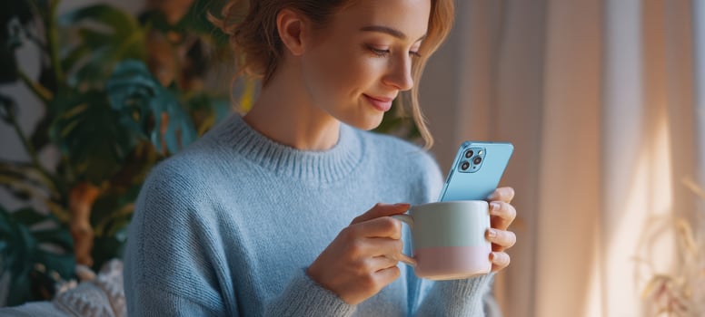 The woman holding a pastel mug and smartphone near a sunlit plant-filled window photo