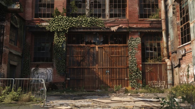Abandoned building facade with overgrown vegetation and vintage architecture photo
