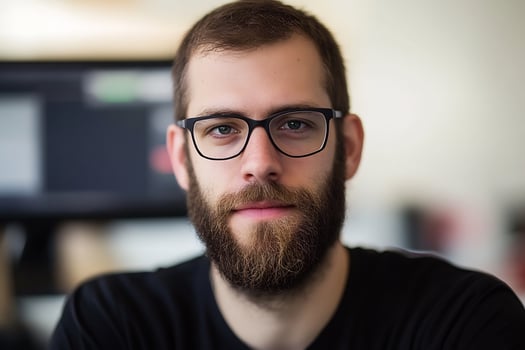 Man, beard, glasses, office, computer, portrait, professional, headshot, website, marketing photo