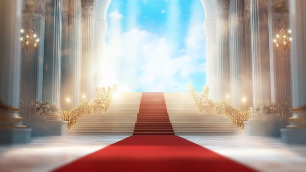 Heavenly stairway, palace hall, ascension, divine light, hope, spiritual journey photo