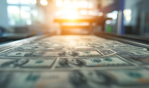 Money printing factory, bills on conveyor photo
