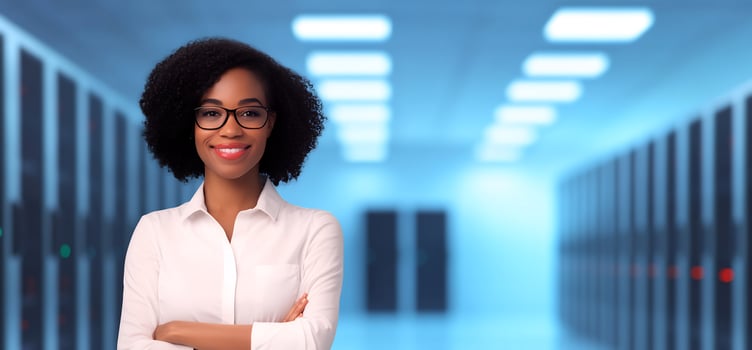 Confident woman IT professional in server room photo