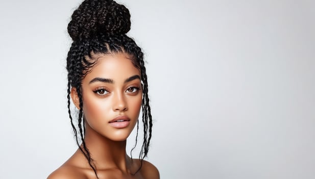 Woman with braided bun, beauty portrait, studio shot, plain background, haircare photo