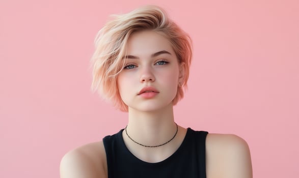 Blonde woman, pink background, portrait, beauty photo