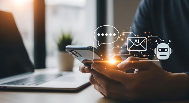 Person using smartphone with ai chatbot and communication icons photo