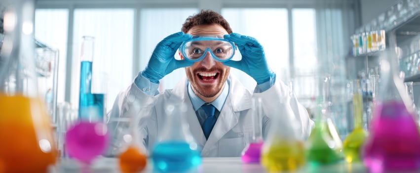 The scientist celebrating a colorful chemistry experiment in a modern laboratory with glassware photo