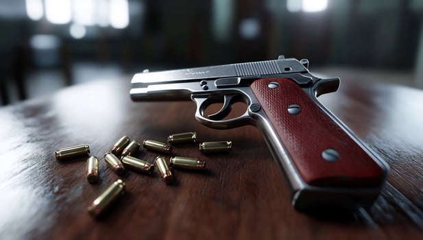 Handgun and bullets on table, indoors. Crime scene, investigation, safety photo