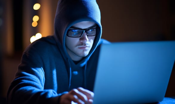 Hacker working late at night on laptop photo