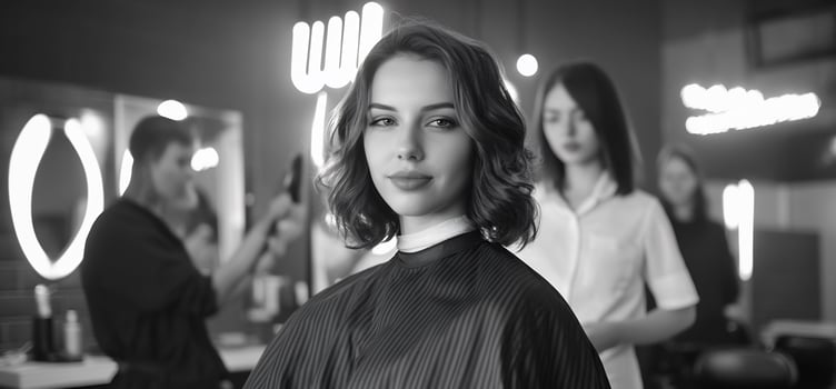 Woman getting haircut salon, stylist, background photo
