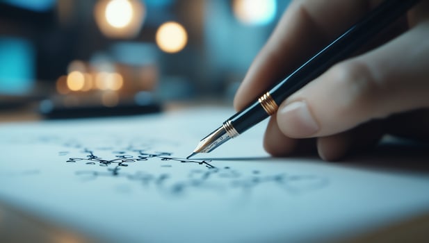 Hand writing with fountain pen, night office photo