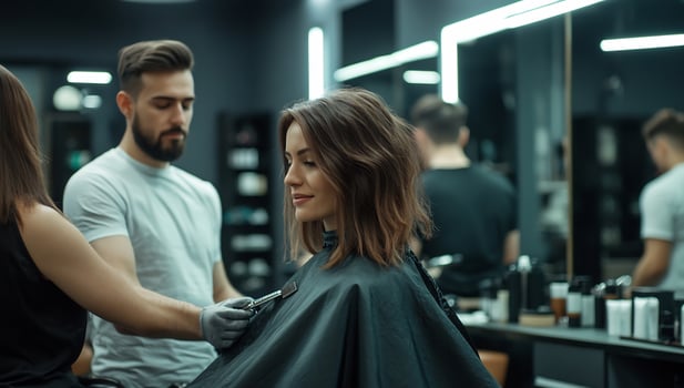Woman getting haircut, salon, stylist, modern, background busy photo