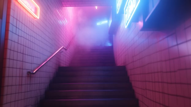 Neonlit stairs, smoky subway descent photo