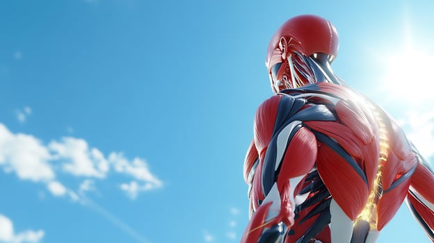 Muscular anatomy, sunny sky, back view, health concept photo