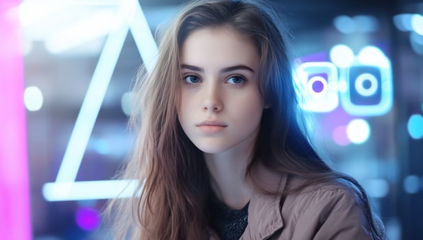 Woman posing city night neon lights bokeh photo