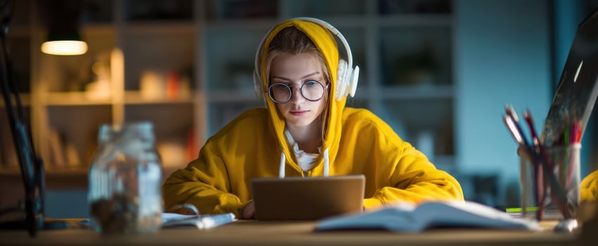 The student in yellow hoodie studying late with tablet headphones and open books photo