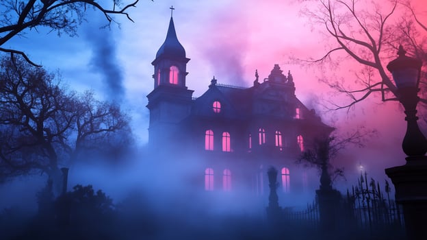 Haunted Mansion, Night Fog, Halloween, Mystical, Spooky photo
