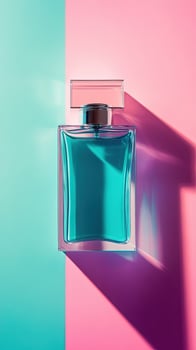 Square turquoise bottle casts long shadow on divided turquoise and pink background showing beauty photo