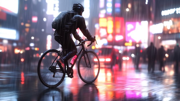 Cyclist riding at night in rainy city photo